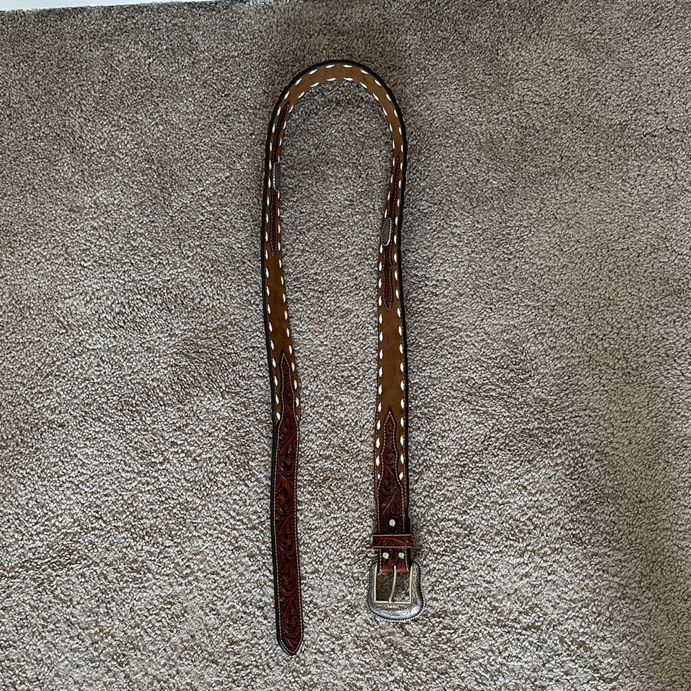 Nocona Brown Tooled Leather Western Belt with White Stitch Accents